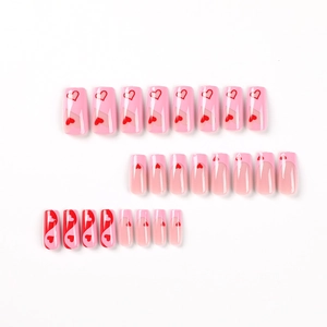 French tip press-on nails set with pink base and red heart patterns in 24 pieces pack