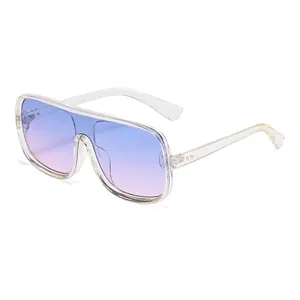 Oversized pilot sunglasses with transparent frames and blue to pink gradient lenses