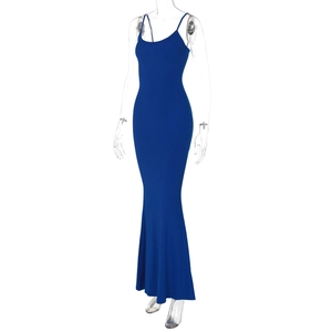 Detail of blue long bodycon dress showing the mermaid hem and elastic fabric texture