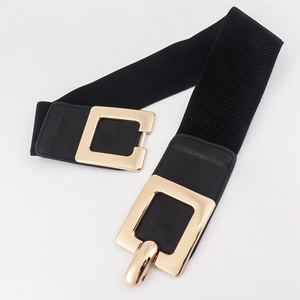 Elastic black waist belt with gold square metal buckle on a clean white background