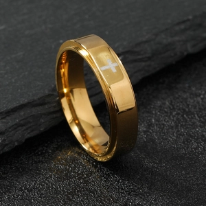 Polished gold stainless steel faceted ring featuring a silver cross on a dark stone