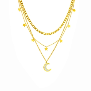 Three-layer gold titanium steel necklace featuring star charms and a crescent moon pendant
