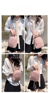 Pink mini backpack with monogram pattern showing four versatile carrying styles for women