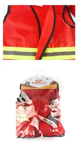 Detail of red firefighter vest with reflective stripes and matching helmet for kids