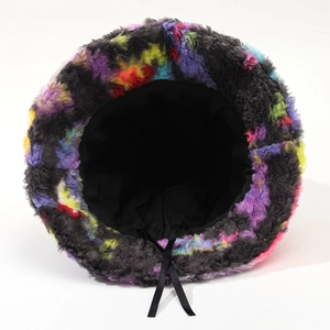 Tie-dye plush bucket hat for winter featuring faux fur texture and adjustable inner drawstring