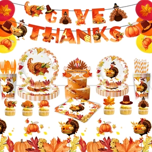 Complete Thanksgiving party set with Give Thanks banner, turkey plates, cups and balloons