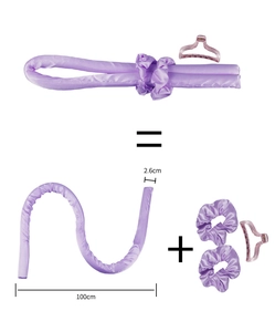 Detail view of 100cm purple satin heatless curling rod set with size specifications