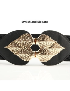 Detailed view of the gold leaf buckle on a black wide elastic cinch belt for women
