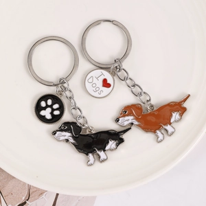 Dachshund metal keychains in black and brown enamel with I Love Dogs heart charms