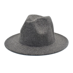 Classic dark grey wool fedora hat with stiff brim for men and women on white background