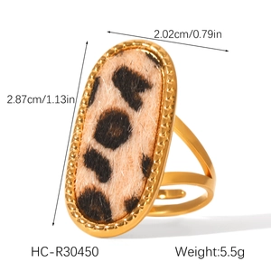 Detail view of oval leopard print ring with gold beaded edge and adjustable band