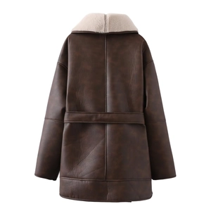 Women's dark brown faux leather shearling jacket with turn-down collar and slim waist design