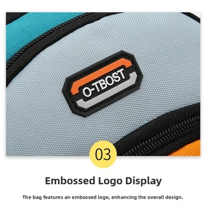 Close-up of O-TBOST rubber logo on a durable multi-color textured fabric crossbody bag