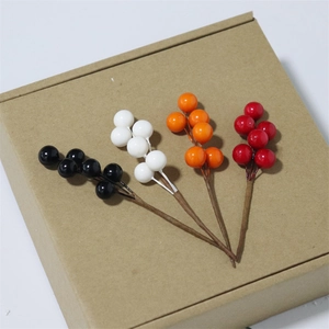 Detailed view of glossy red, orange, white, and black artificial berries on craft box cover