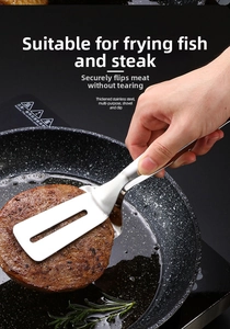 Close-up of a stainless steel 2-in-1 spatula tong flipping a meat patty in a cooking pan