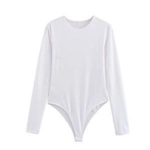 Close-up of a white long sleeve bodysuit featuring a centered layout and neck size label