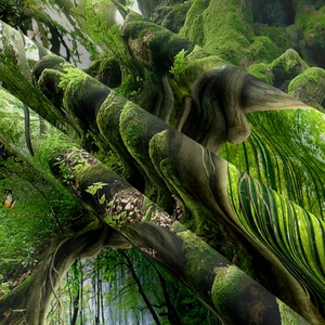 Close-up detail of forest tapestry showing vibrant green moss and sharp waterfall print