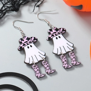 Halloween ghost earrings with pink leopard cowboy hat and boots on spooky web background