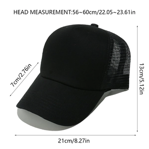 Detailed size chart of a black mesh trucker hat with 56-60cm head circumference