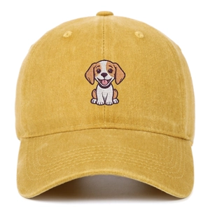 Casquette de baseball en coton délavé jaune moutarde avec broderie beagle vue de face