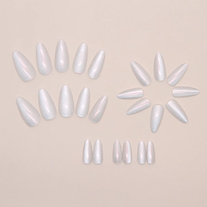 Lot de 24 faux ongles blanc perle aurora de tailles variées, formes amande et ronde