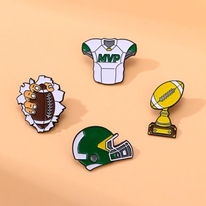 American football themed enamel pin set with MVP jersey helmet trophy and ball