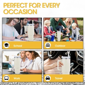 Collage of ivory insulated tumbler with straw charm in school, camping, office and car
