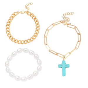 Detailed set of golden cuban link and paperclip chain with turquoise cross and pearls