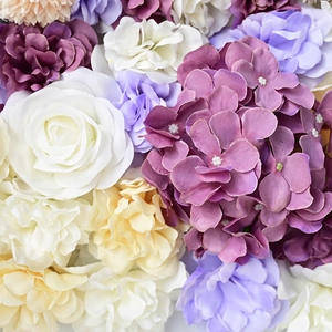 Detailed close-up of premium silk roses and hydrangeas for wedding background walls