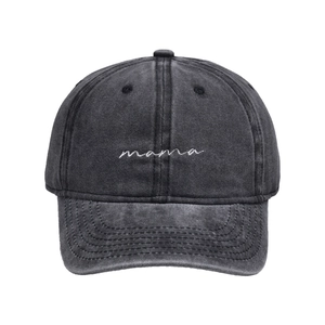 Distressed dark grey cotton baseball cap with white MAMA embroidery for women