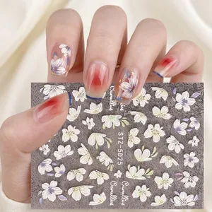 5D embossed white camellia nail stickers with 3D floral textures for elegant manicure