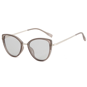 Modern cat-eye sunglasses with translucent grey frame and golden metal temples