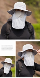 Detail of light grey outdoor sun hat with breathable mesh and protective face neck cover