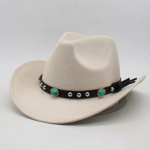 Chapeau de cowboy vintage en feutre avoine avec bande en cuir à turquoises et clous