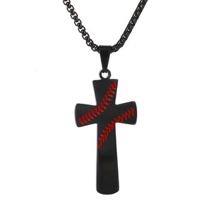 Cross pendant necklace with black stainless steel base and red baseball stitching pattern