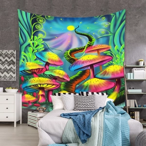 Detail of bohemian mushroom tapestry hanging on bedroom wall for psychedelic room decor