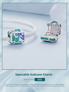 Detail of opening S925 silver suitcase charm with gradient enamel and Eiffel Tower pattern
