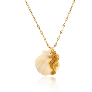 Detail of 18K gold stainless steel seahorse charm on iridescent white shell pendant