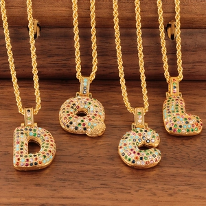 3D gold-plated letter pendants with colorful zircon on a stylish rope chain necklace