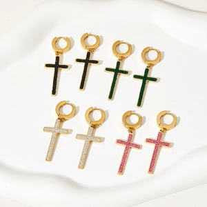 Stainless Steel Cross Hoop Earrings For Women Men Rhinestone Dangle Huggie Gothic Punk Retro Hip Hop Jewelry Accessory