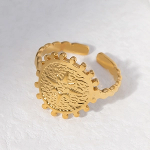 18k gold plated stainless steel open ring with textured starburst and beaded edge