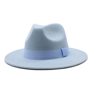 Detail of light blue wool fedora hat with matching ribbed ribbon and classic crown shape