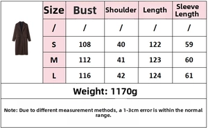 Detailed size guide table for long wool coat including bust, shoulder and length metrics