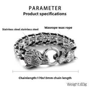 Close-up of double wolf head stainless steel clasp with black braided wax rope texture