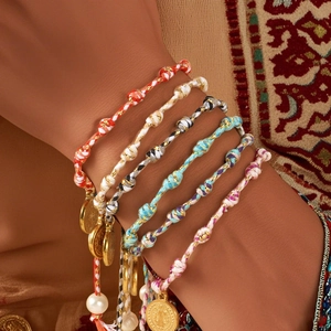 Handmade Woven Cotton Rope Bracelet With Artificial Pearl And Religious Medal Gold Coin Charms Bohemian Jewelry For Women