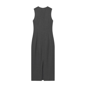 Deep grey sleeveless striped midi dress featuring a back zipper and slit on white background