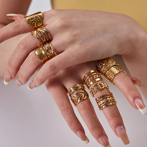 Adjustable Open Rings For Women Stainless Steel 18K Gold Plated Minimalist Hammered Texture Link Chain Jewelry