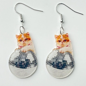 Funny orange acrylic Garfield cat earrings with pink disco ball dangles for women