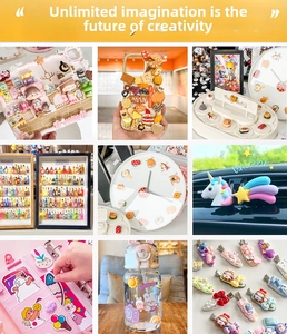 Variety of colorful DIY resin crafts including charms, hair clips, and phone case decor