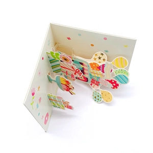 3D pop-up greeting card with balloons, gifts, and ice cream design for kids